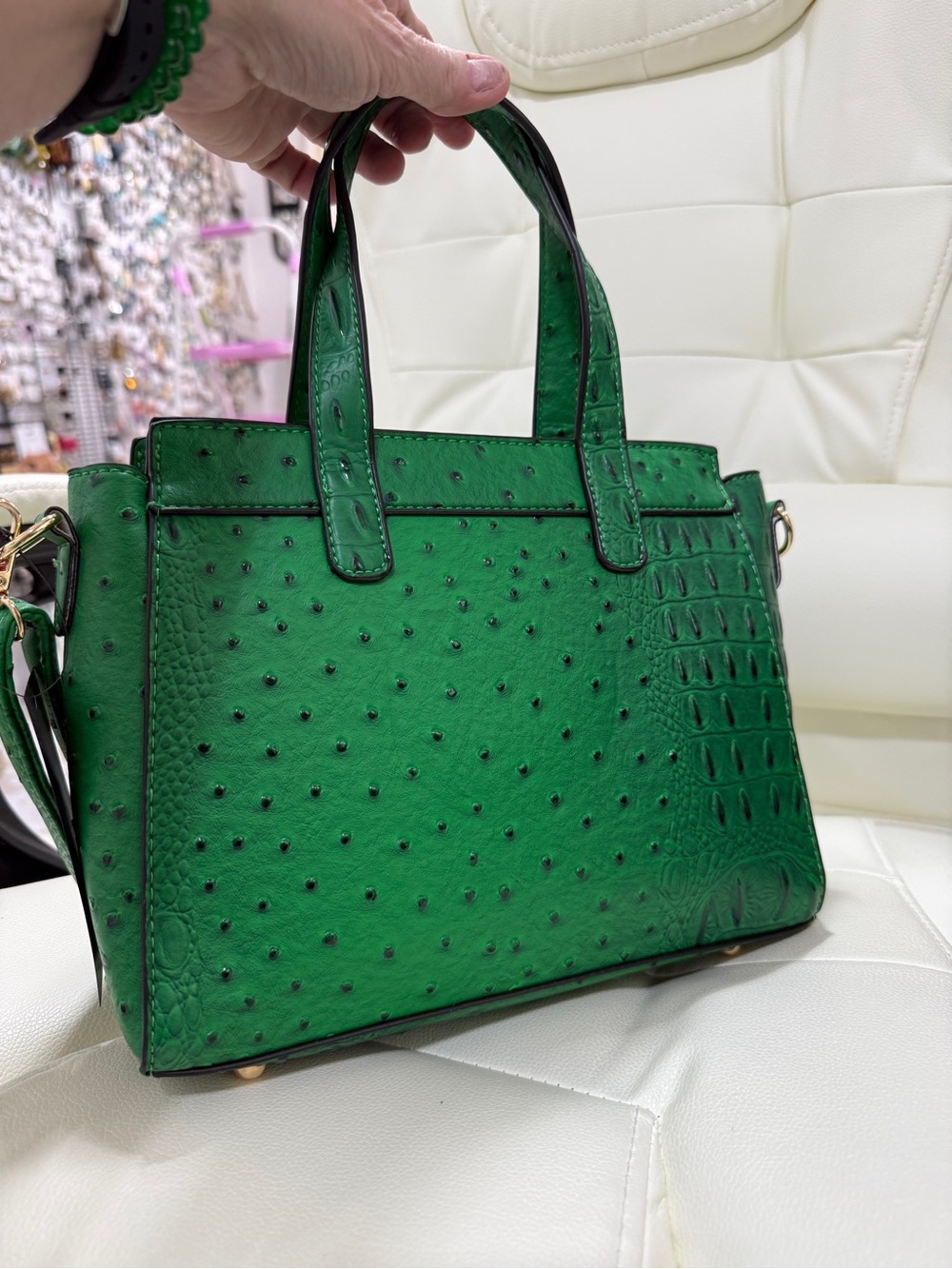 Structured Green Faux-Ostrich Satchel 2 way with bonus wallet brand new - Picture 5 of 12